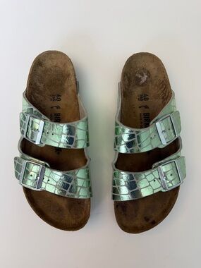 Birkenstock Arizona Gator Gleam Two-Strap Green Comfort Sandal, Size 40/US 9
